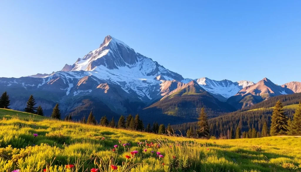 A majestic view of Longs Peak, the iconic 14,259-foot mountain that dominates the skyline of Estes Park, Colorado. The foreground features a lush, verdant meadow with vibrant wildflowers, while the middle ground showcases the rugged, snow-capped granite peaks that rise dramatically against a clear, azure sky. Warm, golden sunlight bathes the scene, creating a serene and awe-inspiring atmosphere. The image captures the grandeur and natural beauty of Estes Park's highest mountains, perfectly reflecting the section title "Estes Park, Colorado: Highest Mountains, Peaks, and Terrain".