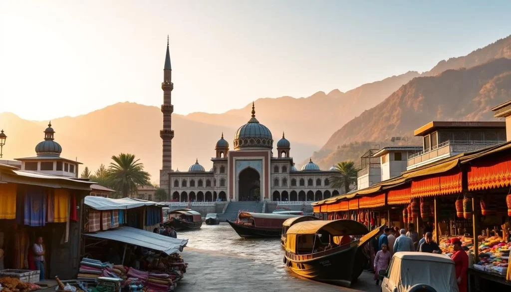 A majestic view of Srinagar's historic Jamia Masjid, surrounded by towering mountains and a serene lake. The mosque's ornate domes and minarets stand tall, bathed in warm, golden sunlight. In the foreground, a bustling street market showcases vibrant local textiles, handicrafts, and spices, while traditional Kashmiri houseboats gently drift on the tranquil waters. The scene captures the captivating cultural heritage and natural beauty that defines this enchanting city in Jammu and Kashmir.