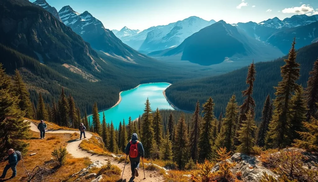 A majestic vista of Banff National Park unfolds, with towering snow-capped peaks casting dramatic shadows across the rugged landscape. A winding trail winds through the lush, evergreen forest, leading the eye towards a shimmering, turquoise-hued lake nestled in the valley below. Hikers, adorned in warm, weathered gear, navigate the path, their figures silhouetted against the breathtaking backdrop. Soft, diffused natural light filters through the canopy, casting a warm, golden glow over the scene. The overall mood is one of tranquility, adventure, and pure awe-inspiring beauty, perfectly capturing the essence of Banff's outdoor splendor.
