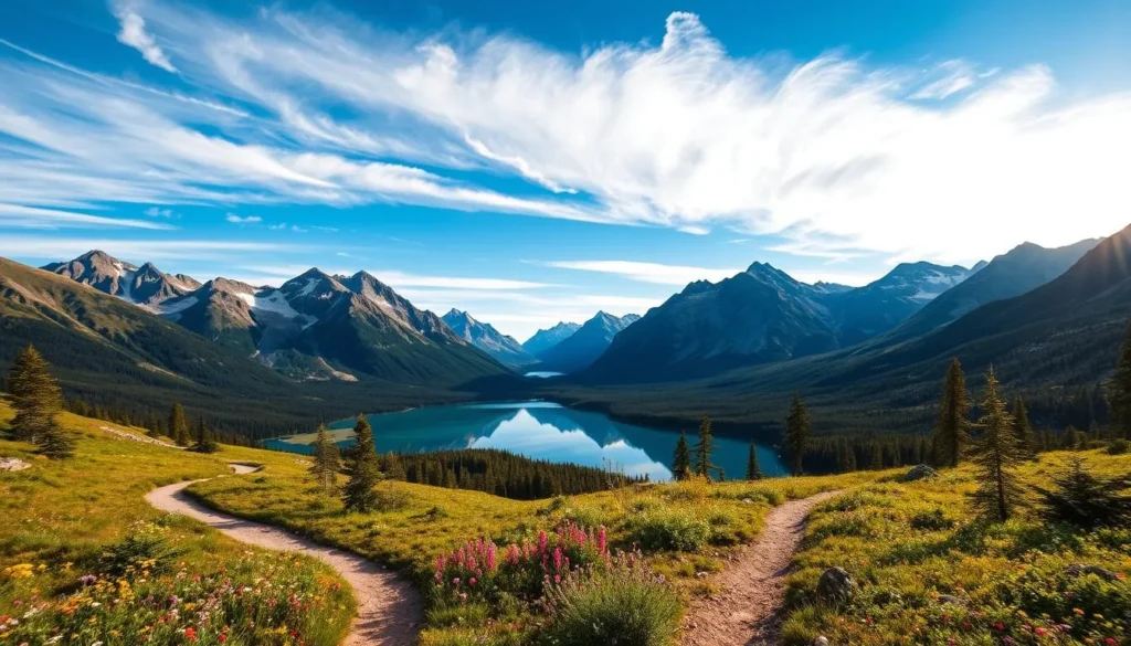 A majestic vista of Hudson Bay Mountain, surrounded by towering peaks and lush boreal forests. In the foreground, a scenic hiking trail winds through wildflower-dotted meadows, inviting adventurers to explore the mountain's natural wonders. The mid-ground features a crystalline lake, its mirror-like surface reflecting the rugged mountain silhouettes. Overhead, a brilliant azure sky is dappled with wispy clouds, casting a warm, golden glow across the scene. Utilize a wide-angle lens to capture the grandeur of this pristine wilderness, highlighting the dramatic interplay of land, water, and sky.