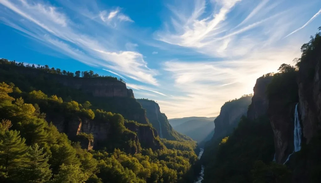 A majestic vista of Tallulah Gorge, Georgia's natural wonder, with its dramatic cliffs and cascading waterfalls. Capture the scene from an elevated viewpoint, showcasing the lush, verdant forest canopy in the foreground and the azure sky with wispy clouds in the background. Utilize warm, golden lighting to accentuate the dramatic rock formations and the rushing river below. Convey a sense of serene tranquility and awe-inspiring grandeur, inviting the viewer to immerse themselves in the breathtaking natural beauty of this extraordinary location.