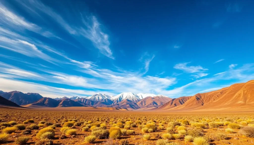 A majestic vista of the Atacama Desert in San Pedro de Atacama, Chile. The sky is a brilliant cerulean blue, punctuated by wispy cirrus clouds. In the foreground, rugged desert terrain peppered with hardy desert flora stretches out, bathed in warm, golden sunlight. In the middle ground, dramatic, jagged mountain peaks rise up, their snow-capped summits glowing in the radiant daylight. The overall scene conveys a sense of tranquility, serenity, and the grandeur of the natural world.