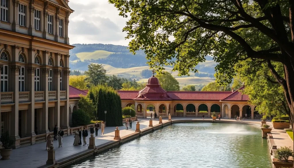 A majestic, well-preserved 19th-century Teplice thermal spa, nestled in a lush, verdant setting. Graceful neo-Renaissance architecture with ornate facades, detailed columns, and intricate stonework. Elegant visitors strolling along the promenade, taking in the warm, soothing waters. Sunlight filters through the trees, casting a soft, golden glow over the scene. In the background, the rolling hills of the Czech countryside provide a picturesque backdrop. A serene, sophisticated atmosphere evokes the "Small Paris" essence of Teplice, a captivating blend of history, relaxation, and natural beauty.