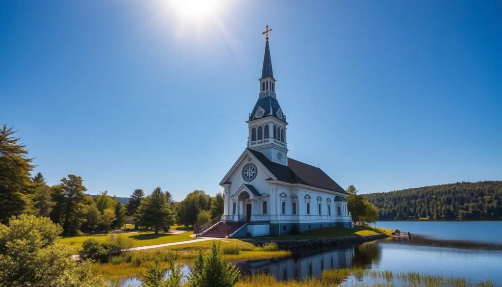 A majestic white wooden church stands tall on the island of Frösön, its spire piercing the azure sky. The sun's warm rays illuminate the ornate architecture, highlighting the intricate carvings and details that adorn the building's façade. Surrounding the church is a verdant landscape, with lush trees and a tranquil lake reflecting the scene. The atmosphere is serene and inviting, capturing the essence of the cultural heritage and natural beauty that characterizes Östersund, Sweden. Capture this picturesque scene with a wide-angle lens, showcasing the church's impressive scale and the breathtaking scenery that frames it.