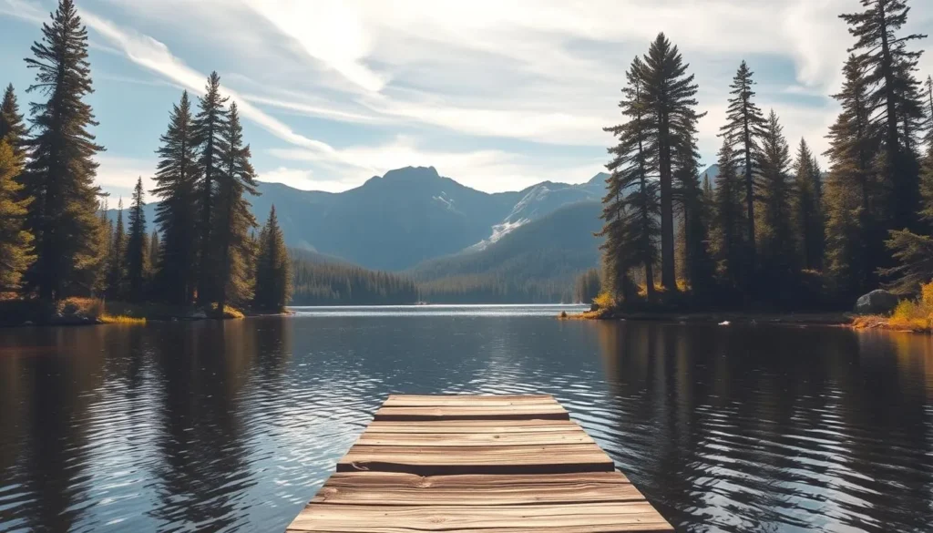 A majestic wilderness landscape in the Adirondack Mountains of New York. Towering pine trees frame a serene alpine lake, its still waters reflecting the rugged peaks in the distance. Warm sunlight filters through wispy clouds, casting a golden glow over the scene. In the foreground, a weathered wooden dock juts out into the calm waters, inviting exploration. The air is crisp and clean, hinting at the tranquility and solitude of this remote, untamed region. A sense of peaceful isolation pervades the setting, capturing the essence of the Adirondack Park wilderness.
