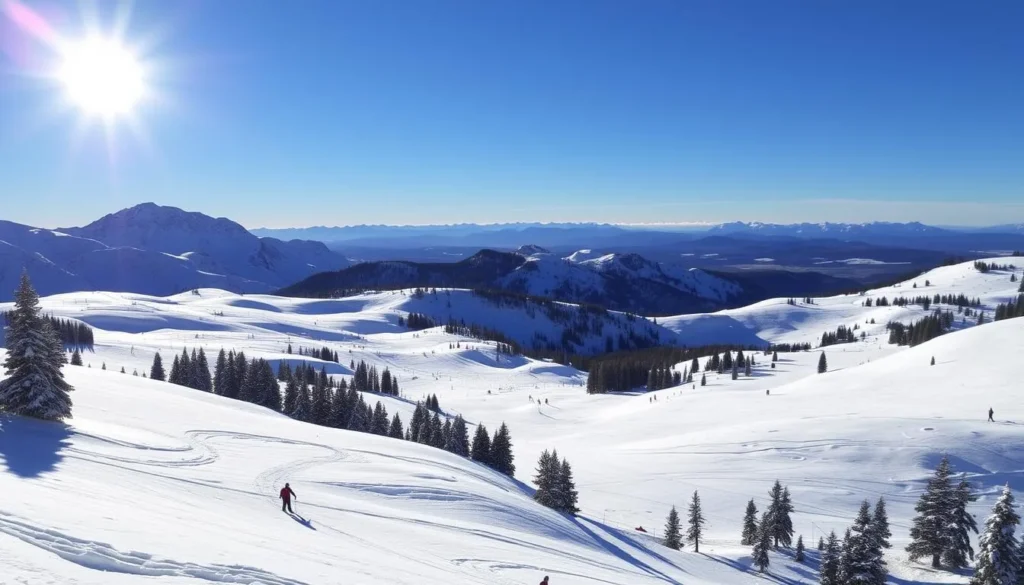 A majestic winter scene at Breckenridge's Peak 9, where the sun's warm glow illuminates the pristine, snow-capped slopes. In the foreground, well-groomed ski trails wind through the powdery white expanse, inviting adventurous skiers of all skill levels. The middle ground showcases the towering, rugged peaks that surround the resort, their jagged edges cutting a striking silhouette against the azure sky. In the distance, a backdrop of distant mountains rises up, their summits capped with glistening snow. The scene exudes a sense of tranquility and adventure, capturing the essence of Breckenridge's renowned Peak 9 terrain.