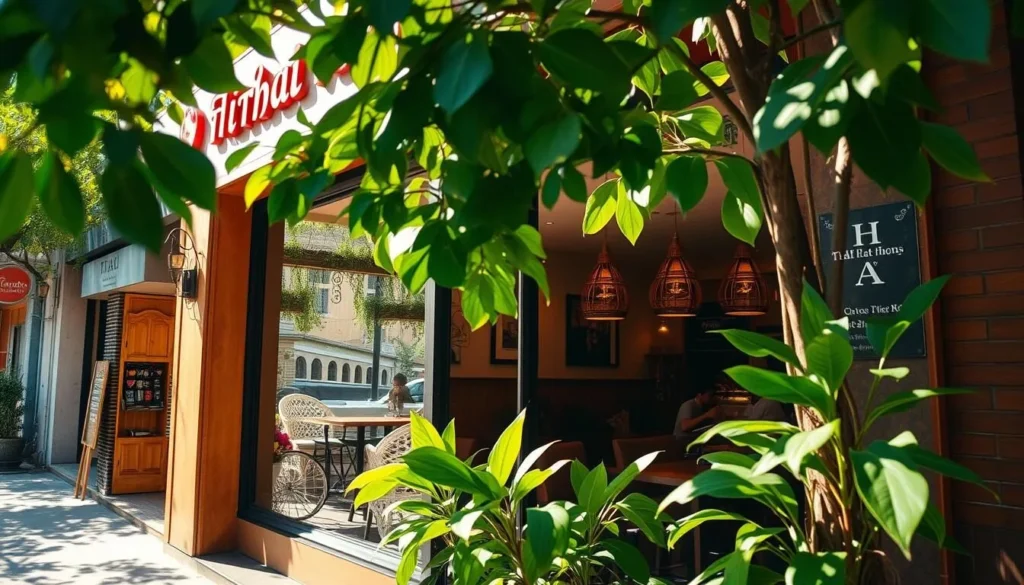 A modern Thai restaurant nestled in the vibrant streets of Brasilia, the capital city of Brazil. The scene depicts a warm and inviting exterior, with a mix of traditional Thai architectural elements and contemporary design. Large windows offer a glimpse into the cozy and authentically decorated interior, where patrons can be seen enjoying their meals. The sunlight filters through the leaves of lush potted plants, casting a soft, natural glow across the scene. The restaurant's signage is discreet yet eye-catching, inviting passersby to discover the delights of Thai cuisine in this unexpected urban setting. The overall atmosphere conveys a sense of cultural fusion, where the flavors of Thailand have found a welcoming home in the heart of Brasilia.