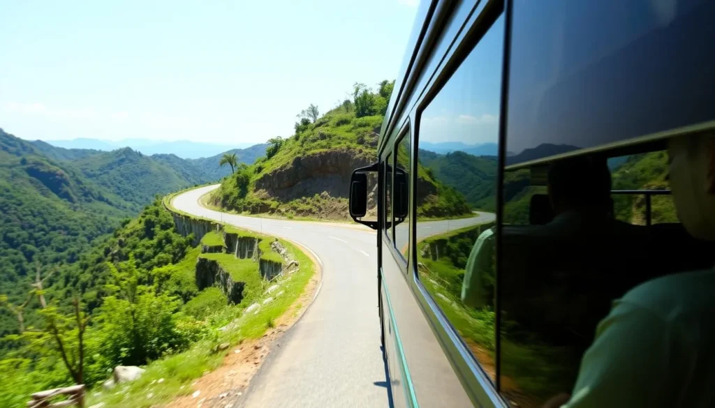 A modern bus traveling on the winding mountain road to Bandarban with scenic hills in the background