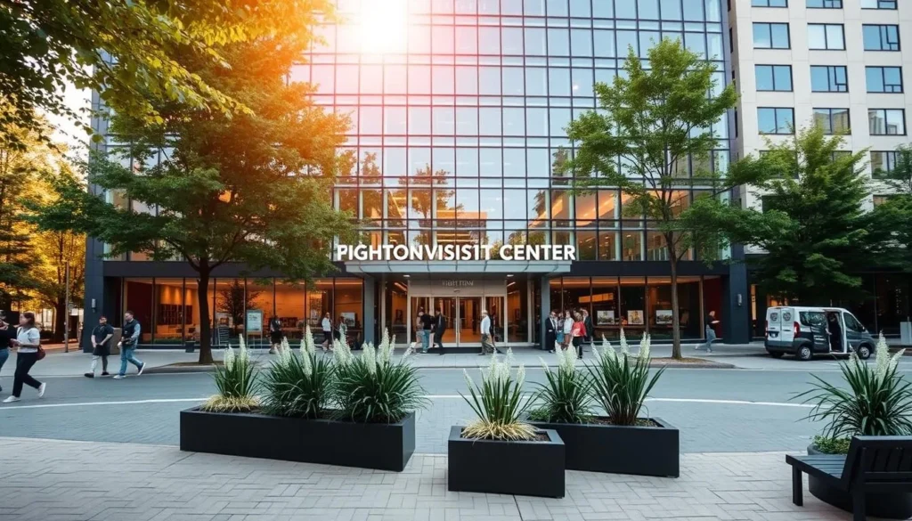 A modern, multi-story building with a glass facade, surrounded by lush greenery and a paved plaza. The entrance is marked by a prominent sign that reads "Binghamton Visitor Center". Warm, natural light filters through the windows, creating a welcoming atmosphere. People can be seen entering and exiting the building, suggesting a bustling hub of activity. The architecture seamlessly blends with the urban landscape, creating a harmonious and inviting space for visitors to explore the city. In the foreground, there are benches and planters, inviting passersby to rest and take in the scenery. Overall, the image conveys a sense of modernity, accessibility, and the city's commitment to supporting tourism. A modern, multi-story building with a glass facade, surrounded by lush greenery and a paved plaza. The entrance is marked by a prominent sign that reads "Binghamton Visitor Center". Warm, natural light filters through the windows, creating a welcoming atmosphere. People can be seen entering and exiting the building, suggesting a bustling hub of activity. The architecture seamlessly blends with the urban landscape, creating a harmonious and inviting space for visitors to explore the city. In the foreground, there are benches and planters, inviting passersby to rest and take in the scenery. Overall, the image conveys a sense of modernity, accessibility, and the city's commitment to supporting tourism.