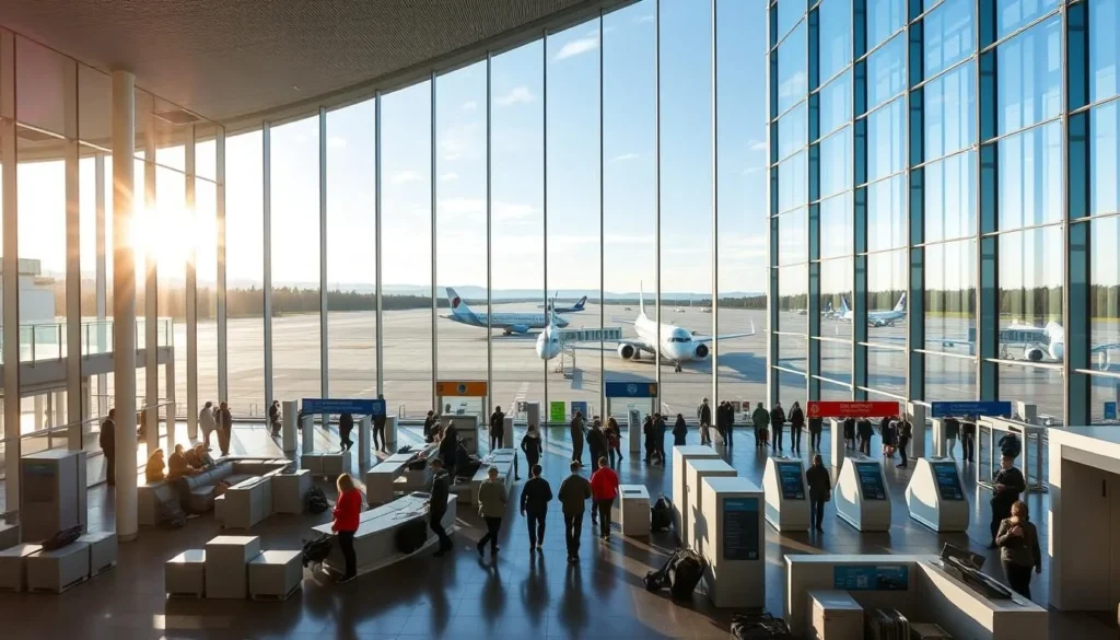 A modern, well-designed international airport nestled in the heart of Lapland's pristine wilderness. A striking glass-and-steel facade reflects the surrounding boreal forest, while a spacious, well-lit terminal bustles with travelers. Sleek, Scandi-inspired furnishings create a comfortable, efficient atmosphere. Sunlight streams through large windows, illuminating the clean, minimalist interiors. Passengers check in at state-of-the-art kiosks before proceeding through security checkpoints. The tarmac is bustling with activity as planes taxi and depart, offering glimpses of the stunning Arctic landscape beyond. A modern, well-designed international airport nestled in the heart of Lapland's pristine wilderness. A striking glass-and-steel facade reflects the surrounding boreal forest, while a spacious, well-lit terminal bustles with travelers. Sleek, Scandi-inspired furnishings create a comfortable, efficient atmosphere. Sunlight streams through large windows, illuminating the clean, minimalist interiors. Passengers check in at state-of-the-art kiosks before proceeding through security checkpoints. The tarmac is bustling with activity as planes taxi and depart, offering glimpses of the stunning Arctic landscape beyond.