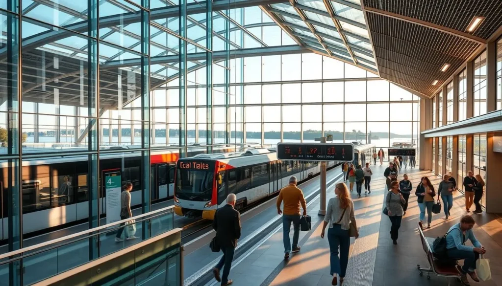 A modern, well-designed transportation hub in the heart of Blekinge County, Sweden. Showcase the efficient intermodal connections, with trains, buses, and local shuttles converging in a sleek, glass-walled terminal. Bathed in warm, natural light, the space features ergonomic seating, digital wayfinding, and sustainable design elements that blend seamlessly with the region's coastal aesthetic. Capture the bustling yet organized flow of commuters and travelers, conveying the ease and convenience of navigating Blekinge's transportation network on a pleasant summer day.