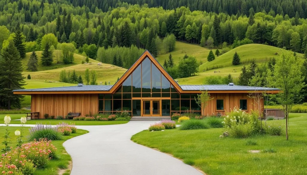 A modern, wooden visitor center nestled amidst the lush, rolling hills of Ängsö National Park. The building features a large glass facade, allowing natural light to flood the interior. In the foreground, a neatly paved path leads visitors towards the entrance, surrounded by well-manicured gardens and clusters of wildflowers. The middle ground showcases the center's architectural details, such as its sleek, angular roof and harmonious blend of wood and glass. In the background, the verdant forest canopy provides a serene, natural backdrop, hinting at the wilderness beyond. The scene conveys a sense of welcoming, environmental stewardship, and a deep connection to the surrounding landscape.