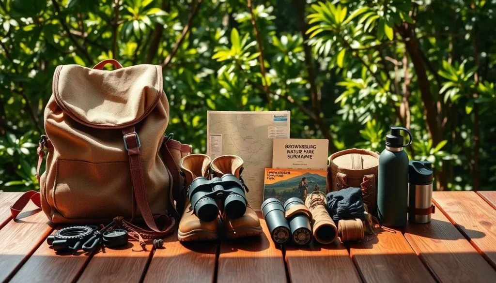 A neatly arranged packing list for a hiking trip to Brownsberg Nature Park, Suriname. In the foreground, a canvas backpack, hiking boots, and various outdoor gear such as a compass, binoculars, and a water bottle are displayed on a wooden surface, bathed in warm, natural lighting. In the middle ground, a map of the park and a guidebook are placed, suggesting the importance of planning and preparation. The background features lush, verdant foliage, hinting at the park's abundant natural beauty. The overall scene conveys a sense of adventure, organization, and a readiness to immerse oneself in the wonders of Brownsberg Nature Park.