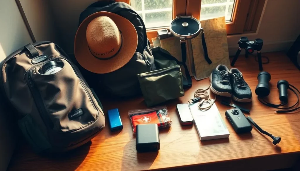 A neatly arranged selection of essential travel items on a wooden surface, illuminated by warm, natural light streaming through a window. In the foreground, a compact backpack, a reusable water bottle, a sun hat, and a pair of comfortable hiking shoes. In the middle ground, a travel-sized first-aid kit, a foldable rain jacket, and a power bank with charging cables. In the background, a map, a compass, and a pair of binoculars, hinting at the adventurous journey ahead. The overall mood is one of preparedness and anticipation, reflecting the practical needs for a trip to Ilha do Frances, Brazil.