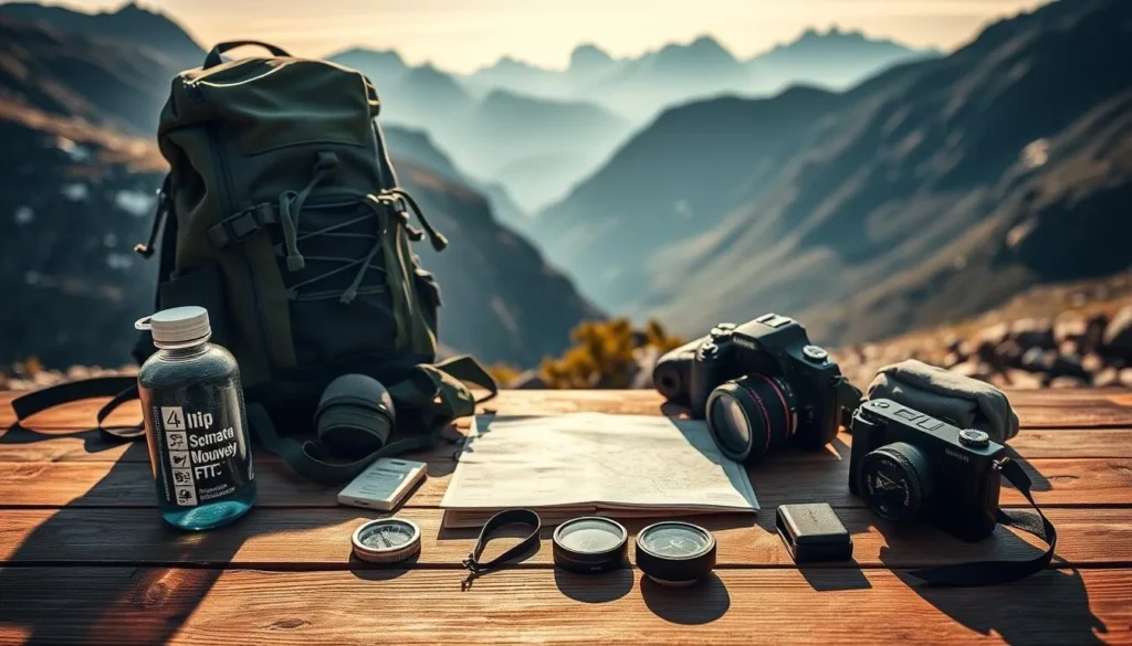 A neatly organized arrangement of essential items for a hiking trip in the picturesque Sylan Mountains of Norway. In the foreground, a backpack, hiking boots, and a water bottle are placed on a wooden surface, illuminated by warm natural light. In the middle ground, a compass, a map, and a camera are laid out, evoking a sense of adventure and exploration. In the background, the silhouette of rugged mountain peaks can be seen, hinting at the breathtaking landscapes that await the adventurer. The overall mood is one of preparedness, anticipation, and the promise of an unforgettable journey through the Sylan Mountains.