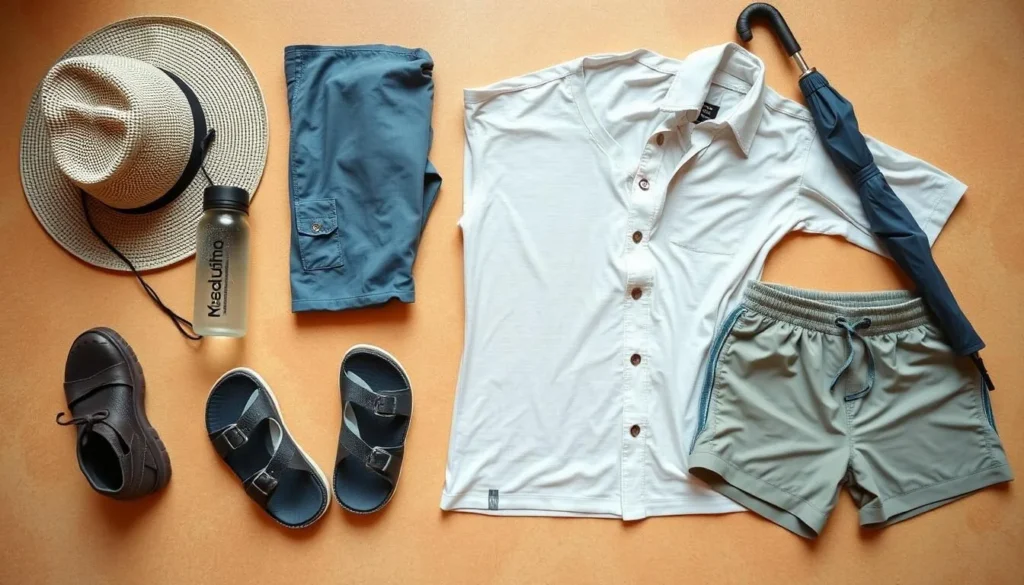 A neatly organized collection of essential items for a Sukhothai getaway on a pleasant day: a lightweight, breathable sun hat, a water bottle, a compact umbrella, a pair of comfortable walking sandals, a lightweight, moisture-wicking shirt, and a pair of quick-drying shorts, all arranged on a warm-toned, textured surface with soft, natural lighting. The composition conveys a sense of practicality and preparation for the Sukhothai weather, creating a visually appealing and informative image. A neatly organized collection of essential items for a Sukhothai getaway on a pleasant day: a lightweight, breathable sun hat, a water bottle, a compact umbrella, a pair of comfortable walking sandals, a lightweight, moisture-wicking shirt, and a pair of quick-drying shorts, all arranged on a warm-toned, textured surface with soft, natural lighting. The composition conveys a sense of practicality and preparation for the Sukhothai weather, creating a visually appealing and informative image.