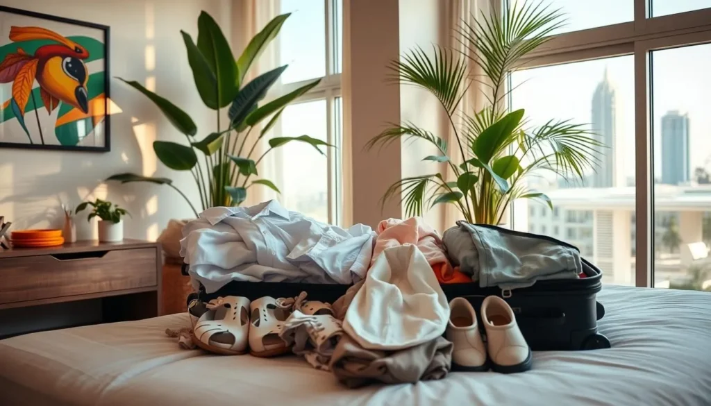 A neatly organized suitcase sits on a bed, overflowing with warm-weather essentials - lightweight shirts, breezy dresses, and comfortable walking shoes. Tropical plants and vibrant artwork adorn the walls, creating a welcoming, Brazilian-inspired ambiance. Soft, natural lighting filters through large windows, casting a golden glow over the scene. In the background, a glimpse of Brasilia's modern architecture can be seen through the windows, hinting at the architectural wonders that await the traveler. The overall mood is one of excitement and anticipation, as the viewer imagines packing for their own 3-day adventure in Brasilia.