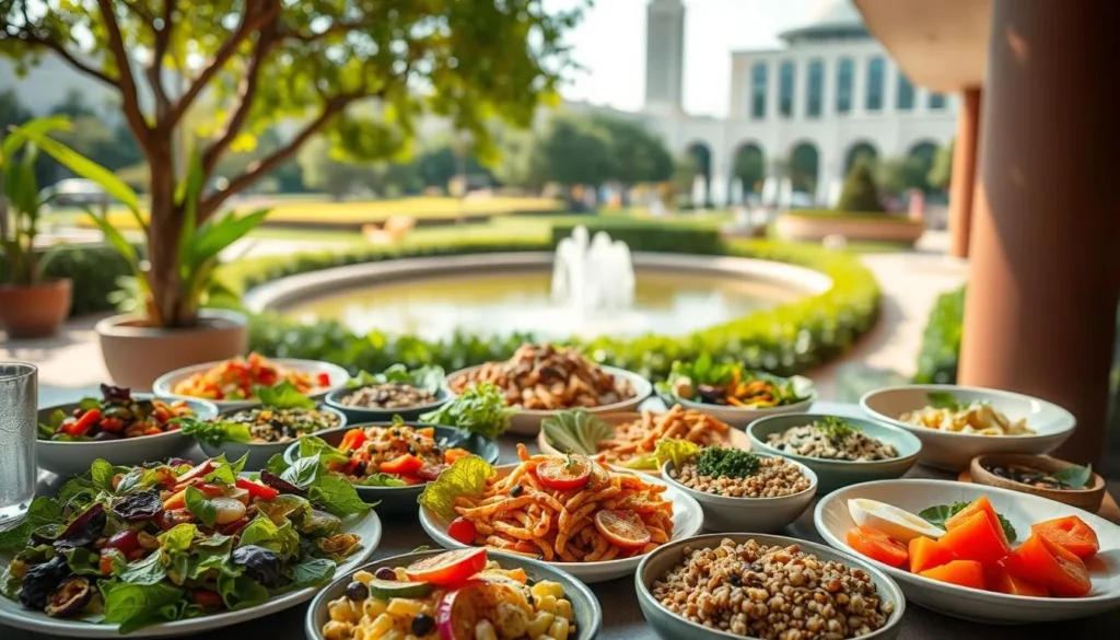 A nourishing spread of vibrant vegetarian dishes set against a sun-dappled outdoor scene in Brasilia. In the foreground, a table is laden with an assortment of colorful salads, roasted vegetables, hearty grain bowls, and plant-based protein options. The middle ground features lush, verdant foliage and a serene water feature, while the background showcases the elegant, modern architecture that defines Brasilia's cityscape. Soft, diffused lighting filters through the scene, creating a warm, inviting atmosphere. The composition emphasizes the abundance and diversity of flavorful vegetarian fare available to travelers in this vibrant Brazilian city.