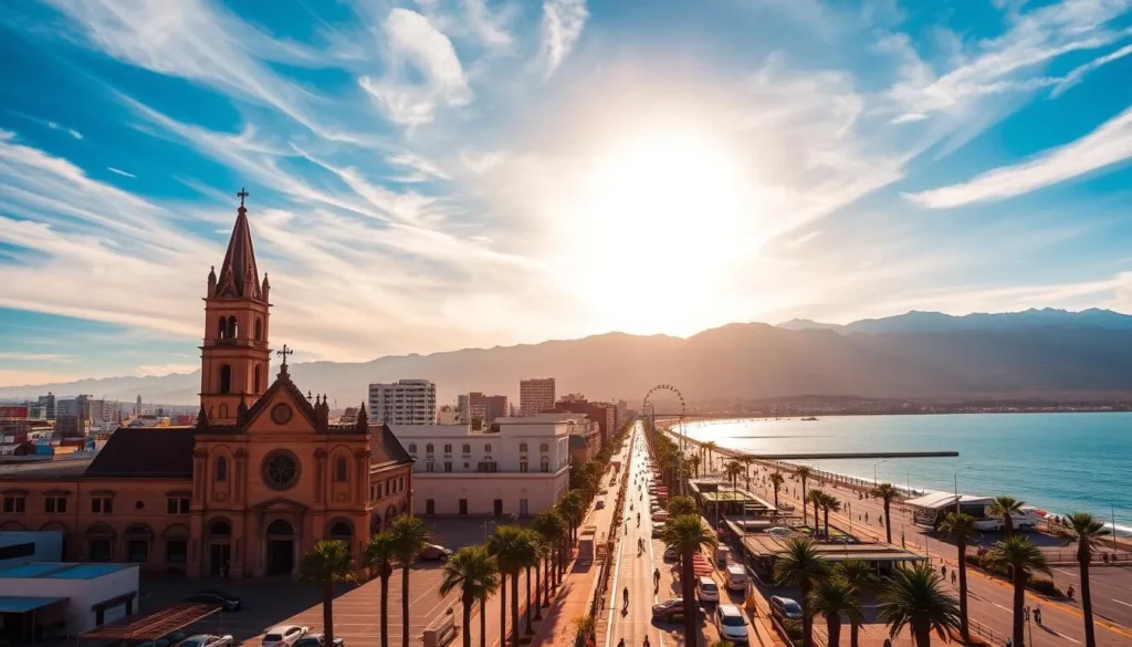 A panoramic cityscape of Iquique, Chile, under a bright blue sky with wispy clouds. In the foreground, the iconic Iglesia Matriz church with its ornate Spanish colonial architecture stands tall. In the middle ground, the bustling seaside promenade lined with palm trees and vibrant cafes comes into view. The background features the majestic Andes mountains, their snow-capped peaks jutting into the horizon. Warm, golden sunlight filters through, casting a soft, inviting glow over the scene. The overall atmosphere is one of tranquility, cultural richness, and natural beauty, perfectly capturing the essence of visiting Iquique.