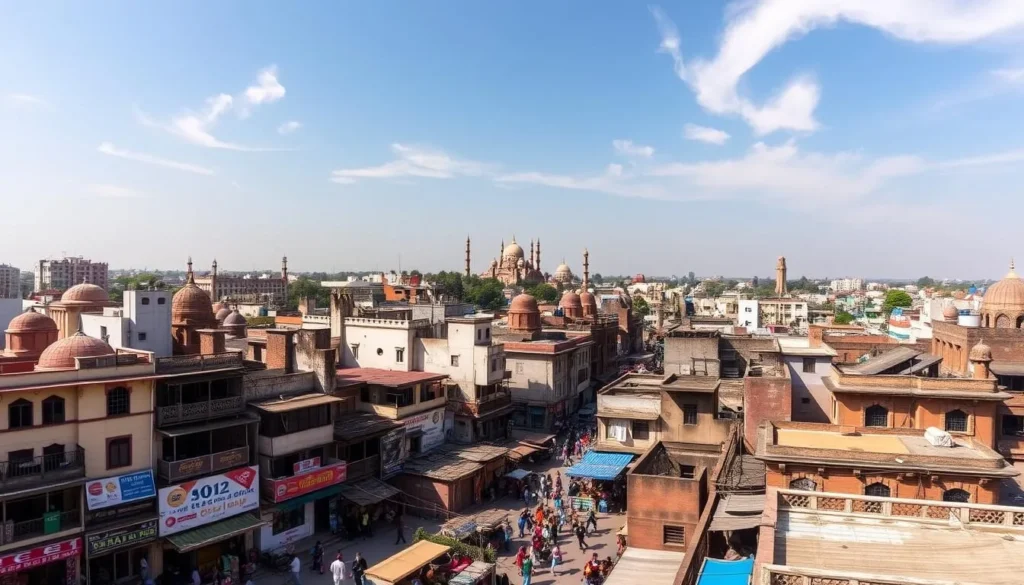 A panoramic cityscape of Rohtak, Haryana, on a clear sunny day. In the foreground, bustling streets lined with vibrant markets, local shops, and colorful awnings. The middle ground features a mix of modern high-rises and traditional architecture, their rooftops and balconies teeming with life. In the background, the skyline is punctuated by the majestic domes and minarets of historic landmarks, bathed in warm golden light. Wispy clouds drift overhead, casting gentle shadows across the scene. The entire composition conveys the energy, diversity, and hidden charm of this thriving city, inviting the viewer to explore its rich cultural tapestry.