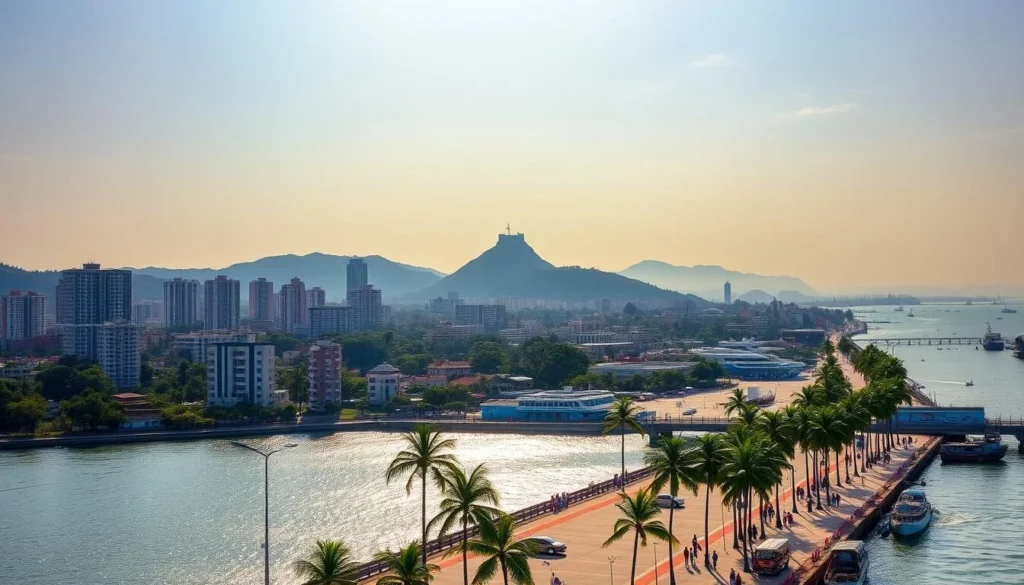 A panoramic cityscape of Visakhapatnam, Andhra Pradesh, under a warm, golden afternoon sun. The bustling port city nestled between the Eastern Ghats and the glistening Bay of Bengal. Towering skyscrapers and high-rise apartments rise amidst lush greenery, with the iconic Kailasagiri hill and its temple prominent in the background. In the foreground, a promenade lined with palm trees and busy pedestrians, while boats and ships dot the sparkling waters of the harbor. The scene exudes a vibrant, picturesque charm, capturing the essence of this coastal metropolis.