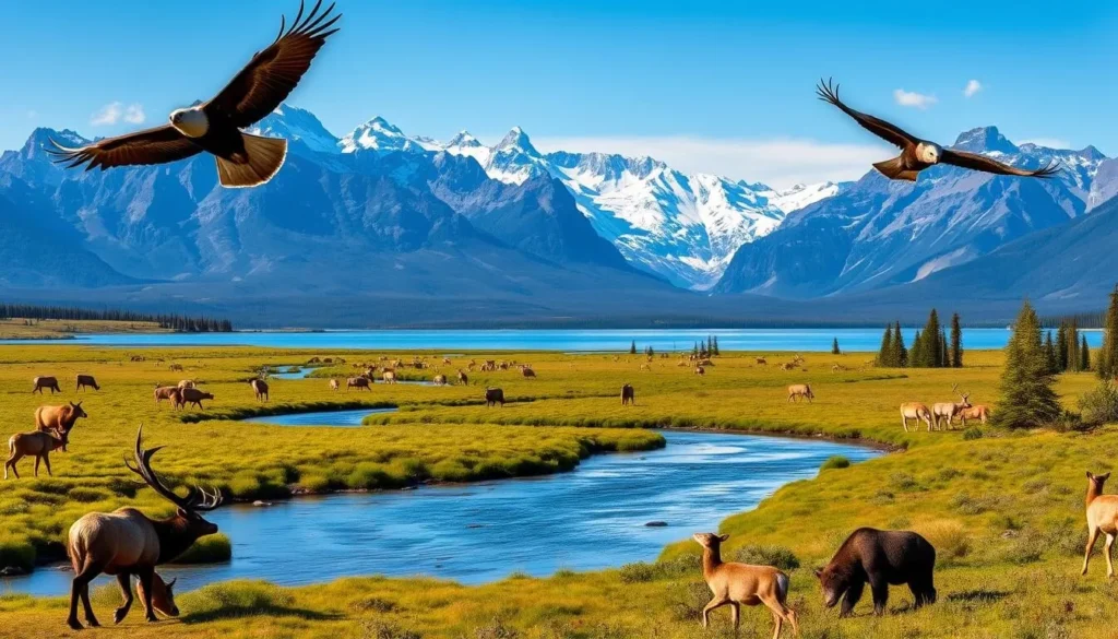 A panoramic landscape of Bow Lake, Alberta, Canada, with majestic snow-capped mountains in the background. In the foreground, a crystal-clear stream winds through lush, verdant meadows, teeming with wildlife. Herds of elk and deer graze peacefully, while a curious black bear forages for berries near the water's edge. Overhead, bald eagles soar on the gentle breeze, casting shadows on the tranquil surface of the lake. The scene is bathed in warm, golden light, creating a serene and inviting atmosphere for wildlife viewing.
