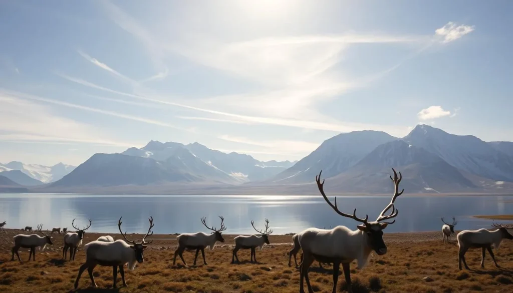 A panoramic landscape of Swedish Lapland's wilderness, captured on a bright, sun-dappled day. In the foreground, a herd of reindeer graze peacefully, their distinctive antlers silhouetted against the sky. Towering mountain peaks rise in the distance, their snow-capped summits glistening in the warm light. A crystal-clear lake reflects the surrounding environment, creating a serene and tranquil atmosphere. Wisps of clouds drift lazily overhead, casting gentle shadows across the rugged terrain. The scene exudes a sense of untamed, pristine natural beauty, perfectly encapsulating the wildlife and majesty of Swedish Lapland.