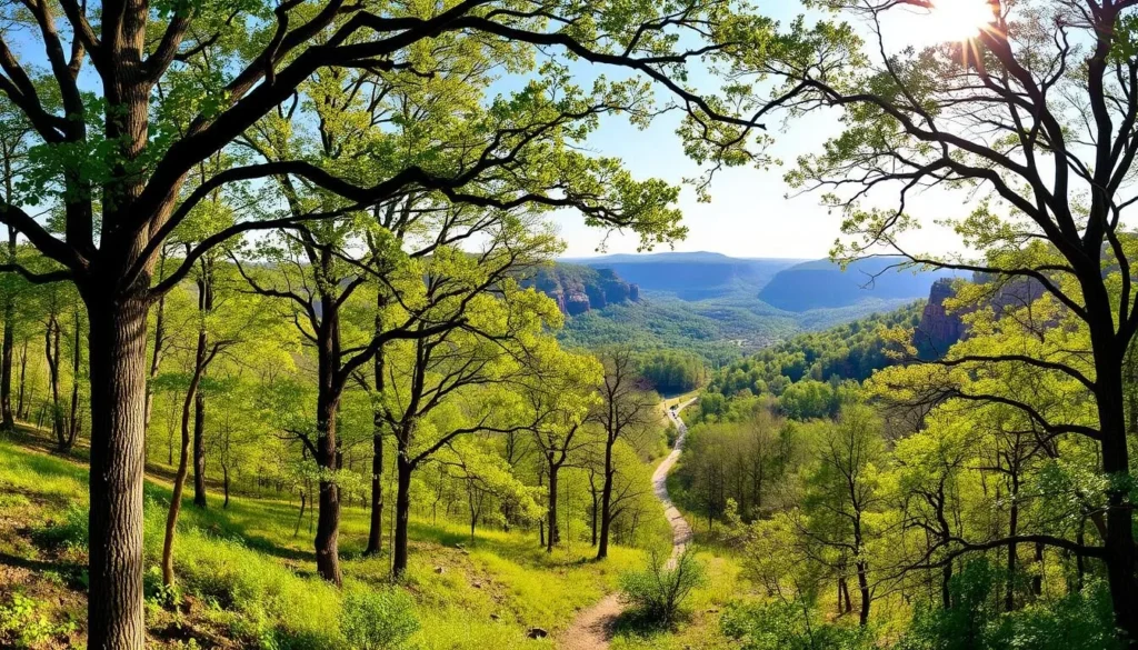 A panoramic landscape of the Shawnee National Forest in southern Illinois, USA. The scene depicts a lush, verdant forest with towering oak and hickory trees in the foreground, their branches casting gentle shadows on the forest floor below. In the middle ground, a winding hiking trail leads deeper into the woodland, inviting the viewer to explore. In the background, rolling hills and dramatic cliffs rise up, creating a sense of depth and scale. Warm, golden sunlight filters through the canopy, casting a serene, tranquil atmosphere. The overall mood is one of natural beauty, tranquility, and a desire to immerse oneself in the great outdoors. A panoramic landscape of the Shawnee National Forest in southern Illinois, USA. The scene depicts a lush, verdant forest with towering oak and hickory trees in the foreground, their branches casting gentle shadows on the forest floor below. In the middle ground, a winding hiking trail leads deeper into the woodland, inviting the viewer to explore. In the background, rolling hills and dramatic cliffs rise up, creating a sense of depth and scale. Warm, golden sunlight filters through the canopy, casting a serene, tranquil atmosphere. The overall mood is one of natural beauty, tranquility, and a desire to immerse oneself in the great outdoors.