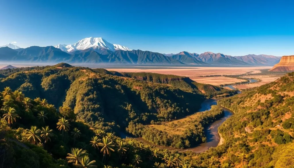 A panoramic landscape showcasing Peru's diverse climate zones. In the foreground, lush tropical rainforests with vibrant foliage and winding rivers. The middle ground features towering Andean peaks capped with pristine snow, while the background depicts the arid, sun-drenched coastal deserts. Crisp, warm lighting illuminates the scene, creating depth and atmosphere. Capture this grand, sweeping vista using a wide-angle lens to convey the scale and grandeur of Peru's remarkable geographical contrasts.