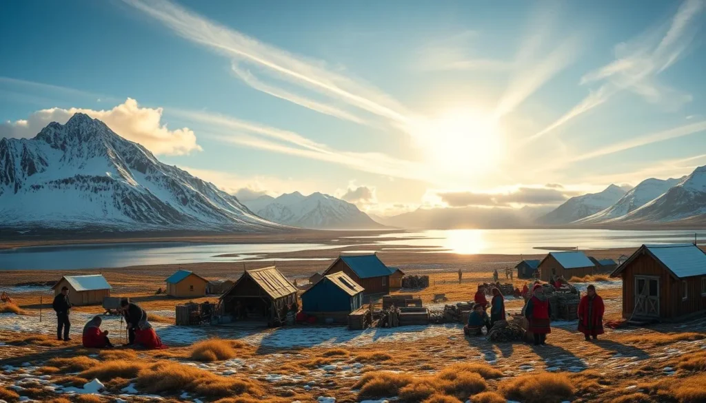 A panoramic scene of a traditional Sami village nestled in the picturesque landscape of Swedish Lapland. In the foreground, a group of Sami people in vibrant, intricate clothing engage in traditional handicrafts and activities, with colorful tents and wooden structures in the middle ground. In the background, towering snow-capped mountains and a tranquil lake reflect the natural beauty of the region. Warm, golden sunlight filters through wispy clouds, casting a gentle glow over the scene. The overall atmosphere conveys a sense of cultural heritage, tranquility, and harmony with the breathtaking Nordic environment.