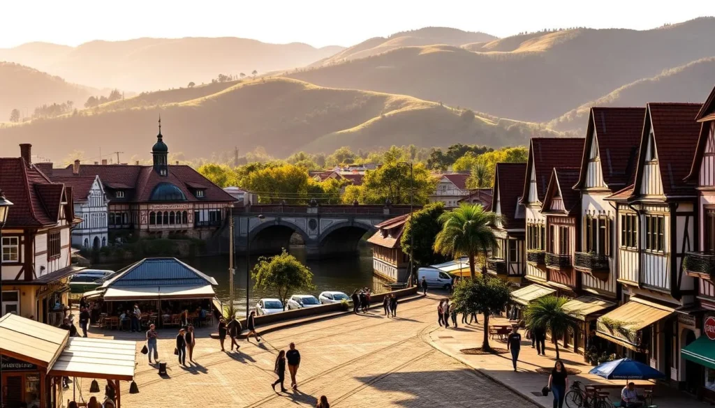 A panoramic view of Blumenau's historic downtown, with its charming German-style architecture lining the banks of the Itajaí-Açu River. In the foreground, people stroll along the cobblestone streets, browsing local shops and cafes. The middle ground features the iconic Ponte Velha bridge, its arched design casting dramatic shadows. In the background, the rolling green hills of the Serra do Mar mountain range provide a picturesque backdrop, bathed in warm, golden sunlight. The scene evokes a sense of quaint, old-world European ambiance, reflecting Blumenau's rich cultural heritage.