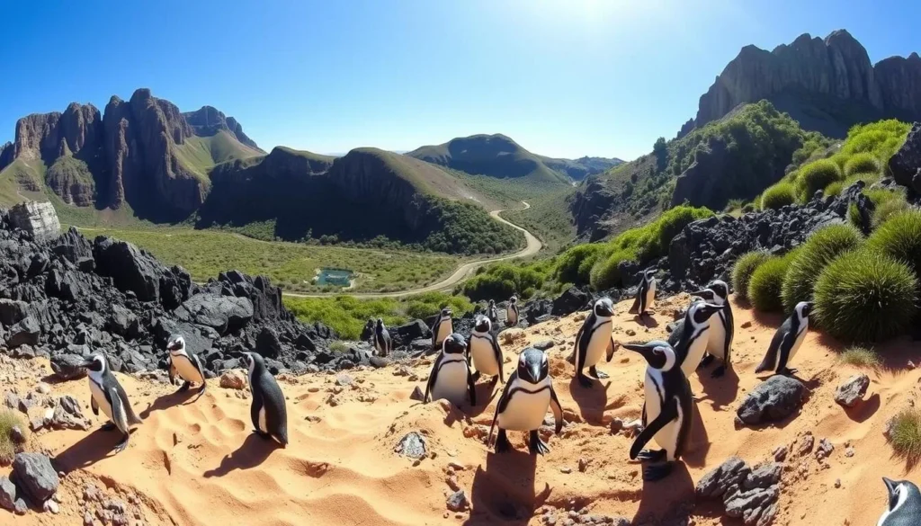 A panoramic view of Isla Magdalena, Chile, on a bright, sunny day. In the foreground, a group of curious Magellanic penguins waddle along the rugged, rocky coastline, their distinctive black-and-white plumage standing out against the golden sand. The middle ground reveals the winding, 800-meter trail that traverses the island, flanked by lush, verdant vegetation. In the background, towering cliffs rise up, casting dramatic shadows across the scene. The image is captured with a wide-angle lens, emphasizing the scale and grandeur of the island's natural beauty. The overall mood is one of serene exploration, inviting the viewer to imagine walking the trail and encountering the delightful penguin inhabitants.