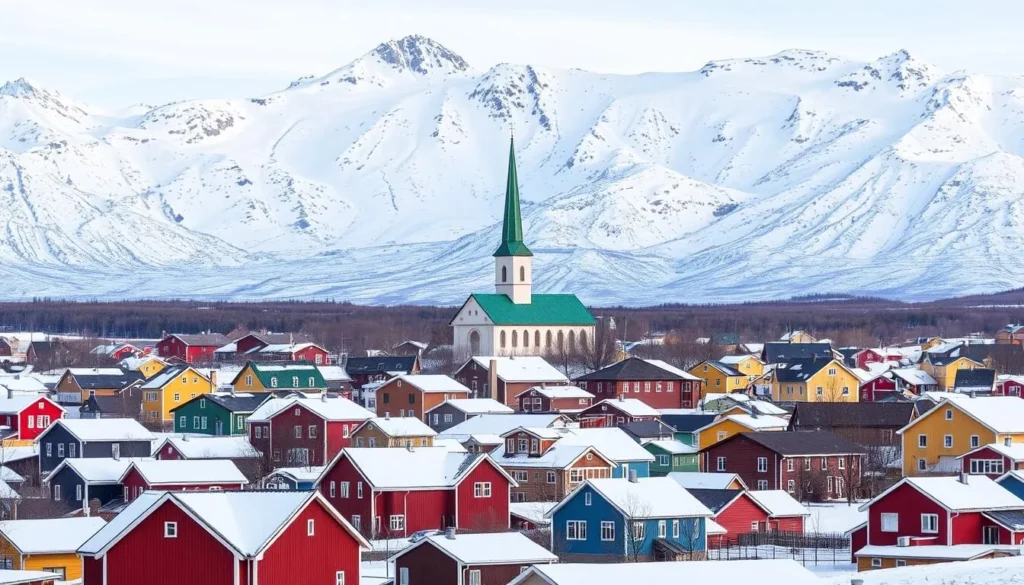 A panoramic view of Kiruna's picturesque cityscape, nestled amidst the snow-capped peaks of the Swedish Arctic. In the foreground, quaint houses and buildings with traditional Nordic architecture in vibrant hues of red, yellow, and blue dot the landscape. In the middle ground, the iconic Kiruna Church tower rises majestically, its copper roof gleaming under the soft, diffused sunlight. Beyond, the rugged, snow-dusted mountains create a dramatic backdrop, conveying a sense of remote, untamed wilderness. The scene exudes a harmonious blend of modern infrastructure and timeless natural beauty, capturing the essence of Kiruna as Sweden's Arctic gem.