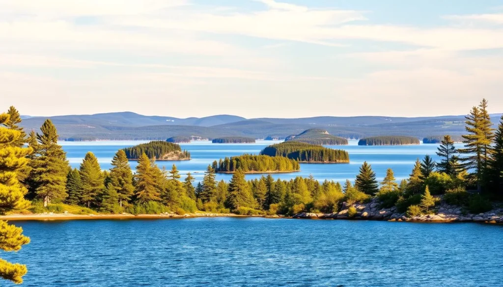 A panoramic view of Lake Saimaa in Savonlinna, Finland, on a clear summer day. In the foreground, calm waters reflect the surrounding pine forests and rocky shoreline. In the middle ground, picturesque islands dot the lake, their verdant treetops swaying gently in the breeze. The background features the rolling hills and distant forests that characterize the Saimaa region, all bathed in warm, golden sunlight filtering through wispy clouds. The scene conveys a sense of serene tranquility and natural beauty, inviting the viewer to explore the "Pearl of Lake Saimaa" and its enchanting landscapes.