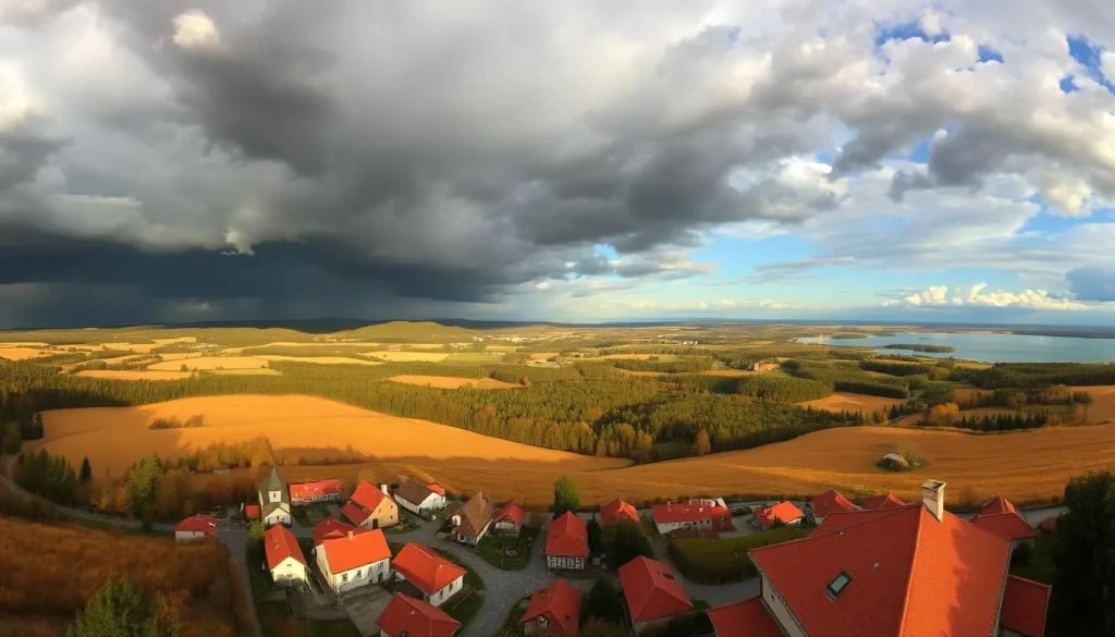 A panoramic view of Lithuania's diverse weather patterns, captured in a single frame. Towering storm clouds loom over the picturesque countryside, casting dramatic shadows across golden fields and lush forests. In the foreground, a quaint village nestled among rolling hills, its red-tiled roofs and cobblestone streets basking in the warm, golden light of the sun. In the distance, a serene lake reflects the shifting skies, its surface rippling with the gentle breeze. The scene conveys the dynamic and ever-changing nature of Lithuania's regional weather, from the ominous grandeur of the storm to the tranquil beauty of the countryside.