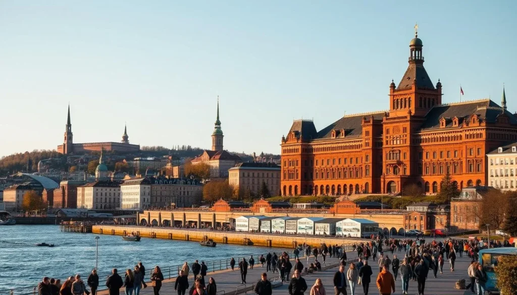 A panoramic view of Oslo's vibrant city center, with the iconic Akershus Fortress towering in the background. In the foreground, people stroll along the bustling waterfront promenade, taking in the breathtaking sights of the Oslo Fjord and the colorful townhouses lining the shore. The mid-ground features the grand, neo-Renaissance style Oslo City Hall, its distinctive red-brick architecture bathed in warm, golden sunlight. Scattered throughout the scene are the spires and domes of other notable landmarks, such as the Oslo Opera House and the Storting, Norway's parliament building. The atmosphere is one of vibrant energy and cultural charm, capturing the essence of Oslo as a thriving, cosmopolitan city.