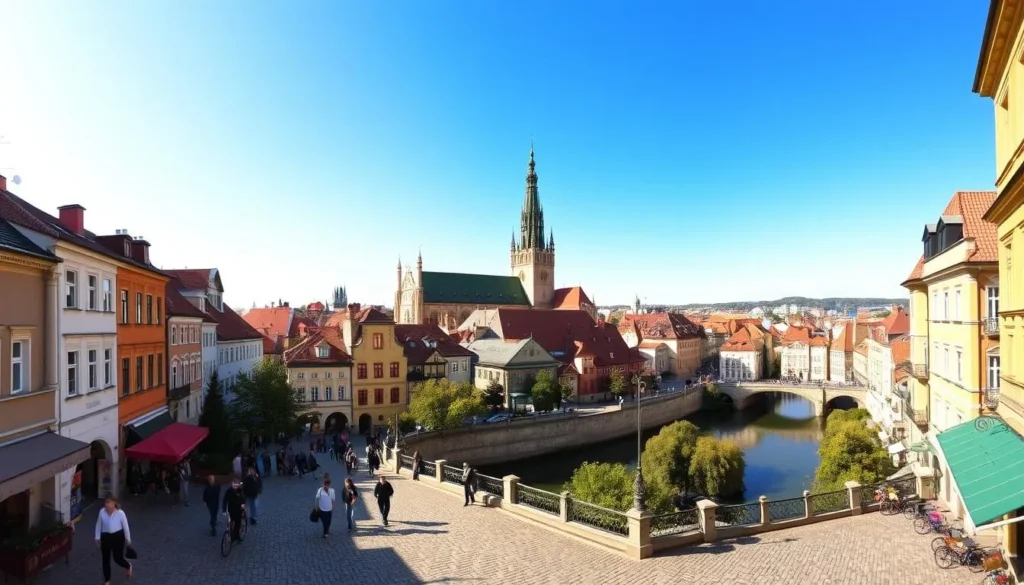 A panoramic view of Plzen, a historic city in Czechia, on a bright, sunny day. In the foreground, people stroll along the cobblestone streets, admiring the colorful, well-preserved Baroque architecture. The middle ground features the iconic Plzen Cathedral, its spires reaching towards the clear blue sky. In the background, the Radbuza River winds through the city, bordered by lush greenery. The scene is bathed in warm, golden light, capturing the vibrant, lively atmosphere of this charming Czech destination.