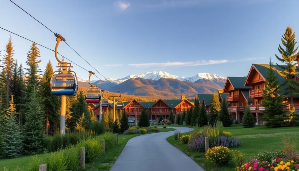 A panoramic view of a charming gondola system nestled amidst the scenic peaks and pine forests of Sunshine Village. The gondola cars glide smoothly along the cables, offering passengers breathtaking vistas of the surrounding mountains bathed in warm, golden sunlight. In the foreground, a well-maintained path leads visitors towards the gondola station, flanked by lush greenery and vibrant wildflowers. The mid-ground features the iconic Sunshine Village resort buildings, their rustic architectural style seamlessly blending with the natural environment. The background is dominated by the majestic, snow-capped peaks of the Canadian Rockies, creating a picturesque and serene landscape. The overall scene conveys a sense of adventure, tranquility, and the natural beauty that defines the Sunshine Village experience.