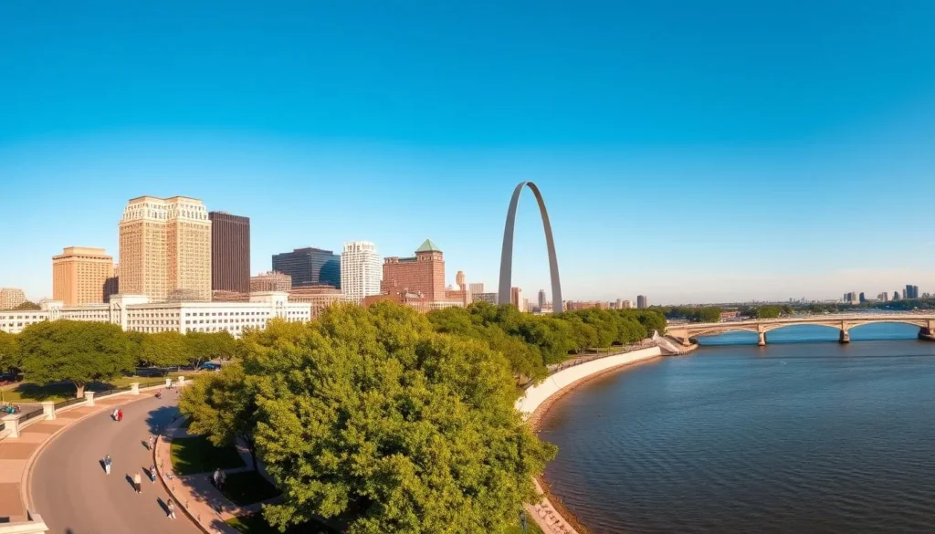 A panoramic view of downtown St. Louis skyline on a bright, sunny day. Majestic limestone buildings and skyscrapers stand tall against a clear, azure sky. The iconic Gateway Arch rises majestically, its stainless steel surface gleaming in the warm sunlight. In the foreground, lush green trees line the banks of the mighty Mississippi River, their leaves rustling gently in a light breeze. Pedestrians stroll along the riverfront promenade, enjoying the pleasant weather. The overall scene conveys the vibrant, weather-friendly atmosphere of St. Louis during its prime outdoor seasons.