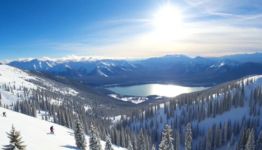 A panoramic view of the Sawtooth Mountains in the winter, with snow-capped peaks and pine forests in the foreground and middle ground. Skiers gracefully gliding down the slopes, their colorful attire contrasting with the stark white landscape. Sunlight filters through the clouds, casting a warm glow over the scene. In the background, a tranquil alpine lake reflects the majestic mountains. The atmosphere is one of serene winter beauty, inviting the viewer to immerse themselves in the idyllic outdoor activities of the Sawtooth National Recreation Area.