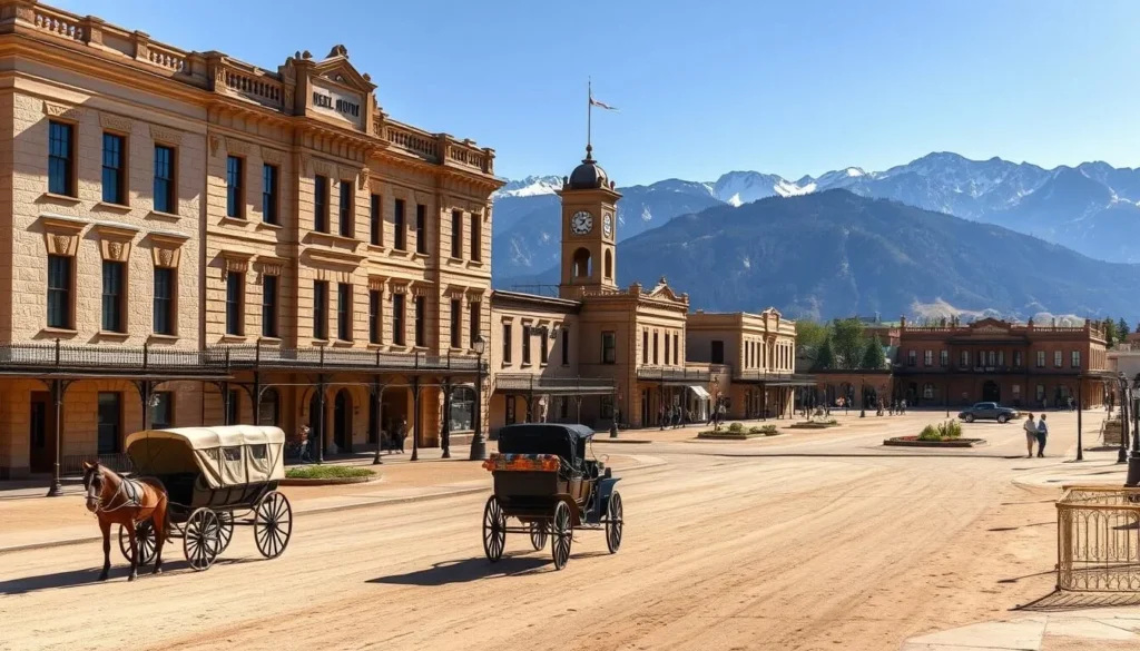 A panoramic view of the historic Fort Macleod, Alberta, on a bright sunny day. The fort's stately limestone buildings stand tall, their intricate architectural details casting long shadows across the well-manicured grounds. In the foreground, a horse-drawn carriage navigates the dusty streets, transporting visitors to a bygone era. The midground showcases the fort's iconic clock tower, its chimes echoing through the crisp mountain air. In the distance, the rugged Rocky Mountains rise majestically, their snow-capped peaks serving as a breathtaking backdrop to this living museum of Canada's western heritage. The scene exudes a sense of timeless elegance and history, inviting the viewer to step back in time and immerse themselves in the rich legacy of Fort Macleod.
