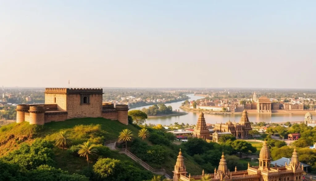 A panoramic view of the historic city of Cuttack, the "Silver City" of Odisha, India. In the foreground, the iconic Barabati Fort stands tall, its imposing stone walls and intricate architectural details reflecting the region's rich heritage. In the middle ground, the Mahanadi River flows calmly, its serene waters mirroring the surrounding cityscape. The background is filled with a lush, verdant landscape dotted with ancient temples and ornate structures, bathed in the warm, golden glow of the afternoon sun. The overall scene exudes a sense of timeless elegance and tranquility, inviting the viewer to explore the city's captivating blend of history, culture, and natural beauty.
