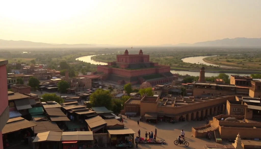 A panoramic view of the historic city of Kota, Rajasthan, under a warm, golden sky. In the foreground, a bustling marketplace with colorful stalls and local artisans at work. The middle ground features the towering Kota Fort, its regal architecture casting long shadows across the winding streets. In the distance, the serene Chambal River winds through lush, verdant landscapes, framed by the rugged Aravalli Hills. The scene is bathed in a soft, diffused light, capturing the timeless charm and cultural vibrancy of this captivating city.