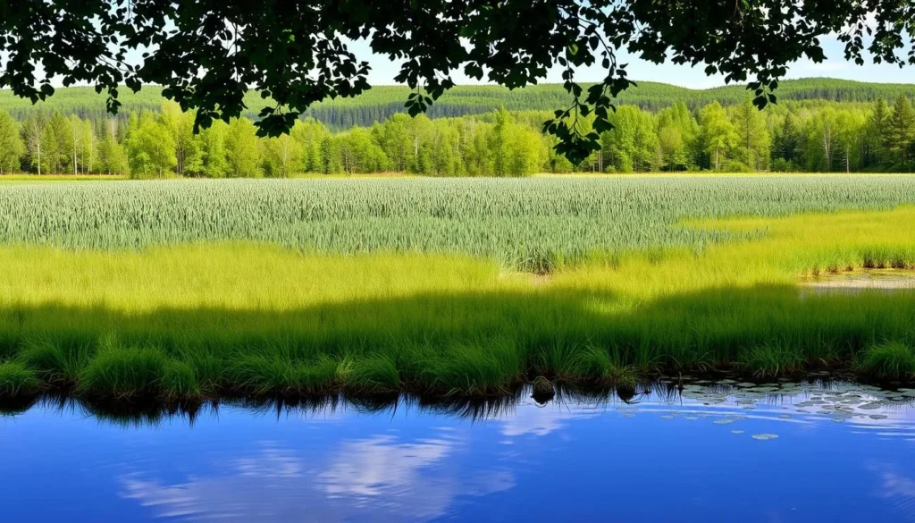 A panoramic view of the lush, verdant Mossemyr Marshes in Sweden's Store Mosse National Park. The foreground is dominated by a serene, mirror-like pool, its surface reflecting the vibrant hues of the surrounding wetlands. In the middle ground, a tapestry of emerald grasses and towering reeds sway gently in the soft breeze. Farther back, the scene is framed by a dense, verdant forest, its canopy providing a dappled natural light that casts a warm, inviting glow across the entire landscape. The overall mood is one of tranquility and natural beauty, capturing the essence of this magnificent wetland ecosystem.