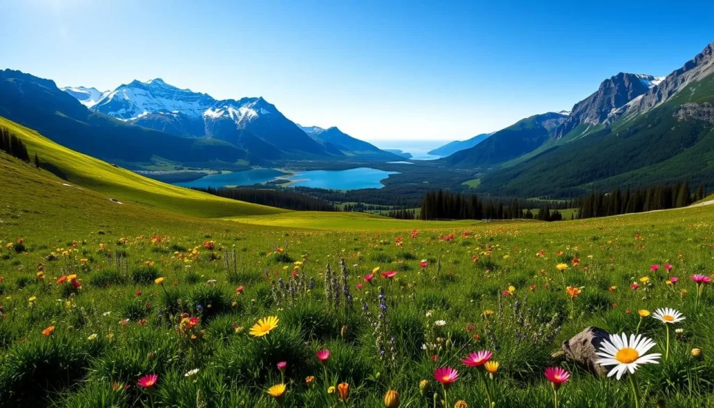 A panoramic view of the majestic Dovrefjell-Sunndalsfjella National Park in Norway on a clear, sunny day. In the foreground, lush alpine meadows dotted with vibrant wildflowers sway gently in the breeze. The middle ground features rugged, snow-capped peaks casting dramatic shadows across the landscape. In the distance, a sparkling lake reflects the azure sky, surrounded by verdant forests. Warm, directional lighting illuminates the scene, creating a sense of depth and dimensionality. The overall mood is one of tranquility, grandeur, and the beauty of Norway's natural wonders.