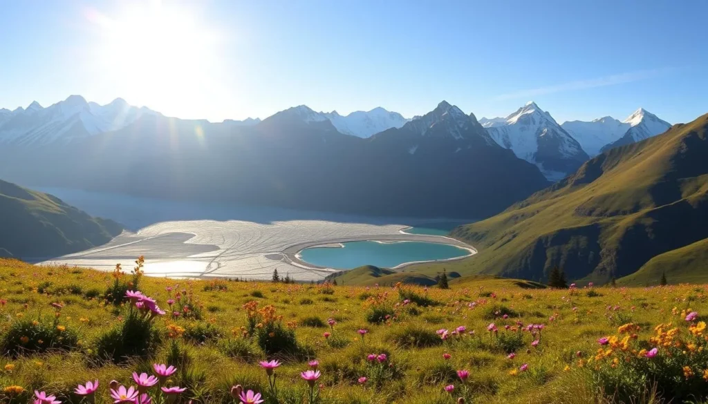 A panoramic view of the majestic Kebnekaise mountain range in northern Sweden, illuminated by the warm glow of the afternoon sun. In the foreground, a picturesque alpine meadow is dotted with vibrant wildflowers, their petals swaying gently in the cool breeze. The middle ground features the rugged, snow-capped peaks of Kebnekaise, their jagged silhouettes casting long shadows across the landscape. In the distance, a pristine glacial lake reflects the azure sky, its surface rippling with the movements of migratory birds. The scene conveys a sense of tranquility and natural wonder, perfect for a visit during the best time of year to experience the beauty of this iconic Swedish destination.