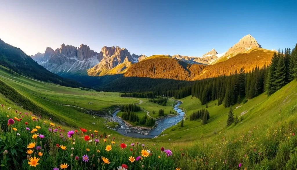 A panoramic view of the majestic Krkonose National Park, nestled amidst the lush, verdant hills and towering, snow-capped peaks of the Giant Mountains in Czechia. The foreground is dotted with vibrant wildflowers, while the middle ground features a serene, meandering stream winding through the rugged terrain. In the background, towering granite cliffs and dense evergreen forests create a breathtaking, natural backdrop, bathed in the warm, golden light of a picturesque day. The scene exudes a sense of tranquility and adventure, inviting the viewer to explore the natural wonders of this stunning, mountainous region.