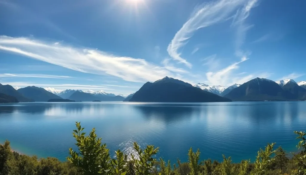 A panoramic view of the majestic Lake Hornindalsvatnet, set against the backdrop of the towering Norwegian mountains. The crystal-clear waters reflect the ever-changing sky, with wispy clouds drifting overhead, casting gentle shadows upon the surface. The sun's warm rays illuminate the landscape, creating a serene and inviting atmosphere. In the foreground, lush green foliage frames the scene, while in the distance, snow-capped peaks rise majestically. The overall mood is one of tranquility and natural wonder, perfectly capturing the essence of this breathtaking location during a picturesque day.