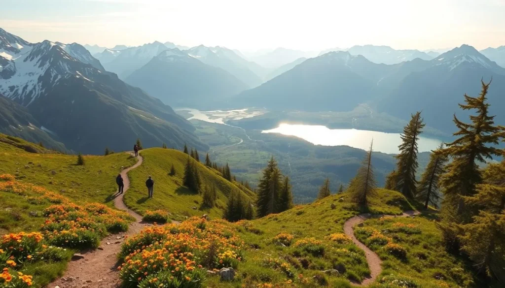 A panoramic view of the rugged, snow-capped peaks of Seiland National Park, with a well-marked hiking trail winding through the lush, verdant valleys below. The trail is dotted with clusters of vibrant wildflowers, casting a warm, natural glow in the soft, golden sunlight. In the distance, a pristine glacial lake reflects the surrounding mountain scenery, creating a serene and picturesque landscape. The trail is flanked by towering birch trees, their leaves rustling gently in the cool, refreshing breeze. Hikers can be seen making their way along the path, taking in the breathtaking panoramic views of this untamed, Nordic wilderness.