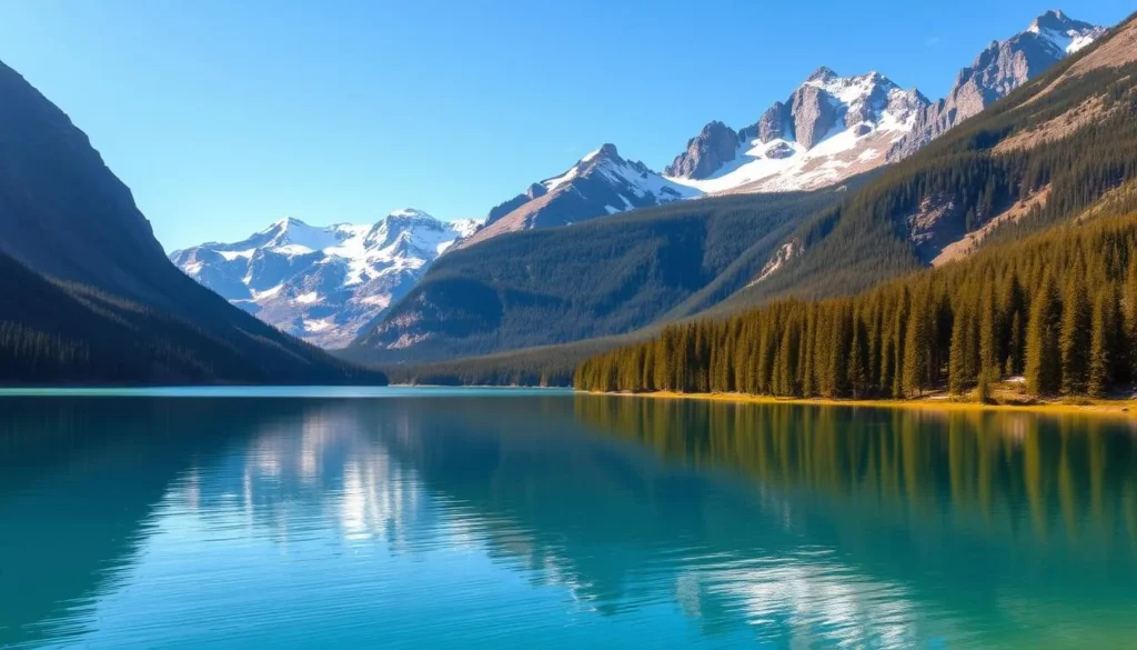 A panoramic view of the serene Upper Kananaskis Lake, nestled amidst the majestic Canadian Rockies. In the foreground, the still, azure waters reflect the surrounding peaks and forests. The middle ground features lush, verdant pine trees lining the shoreline, creating a harmonious blend of nature. The background showcases the towering, snow-capped mountains, their jagged silhouettes against a bright, clear sky. The scene is bathed in warm, golden sunlight, conveying a sense of tranquility and natural beauty. Capture this breathtaking landscape using a wide-angle lens to showcase the grandeur of the setting.